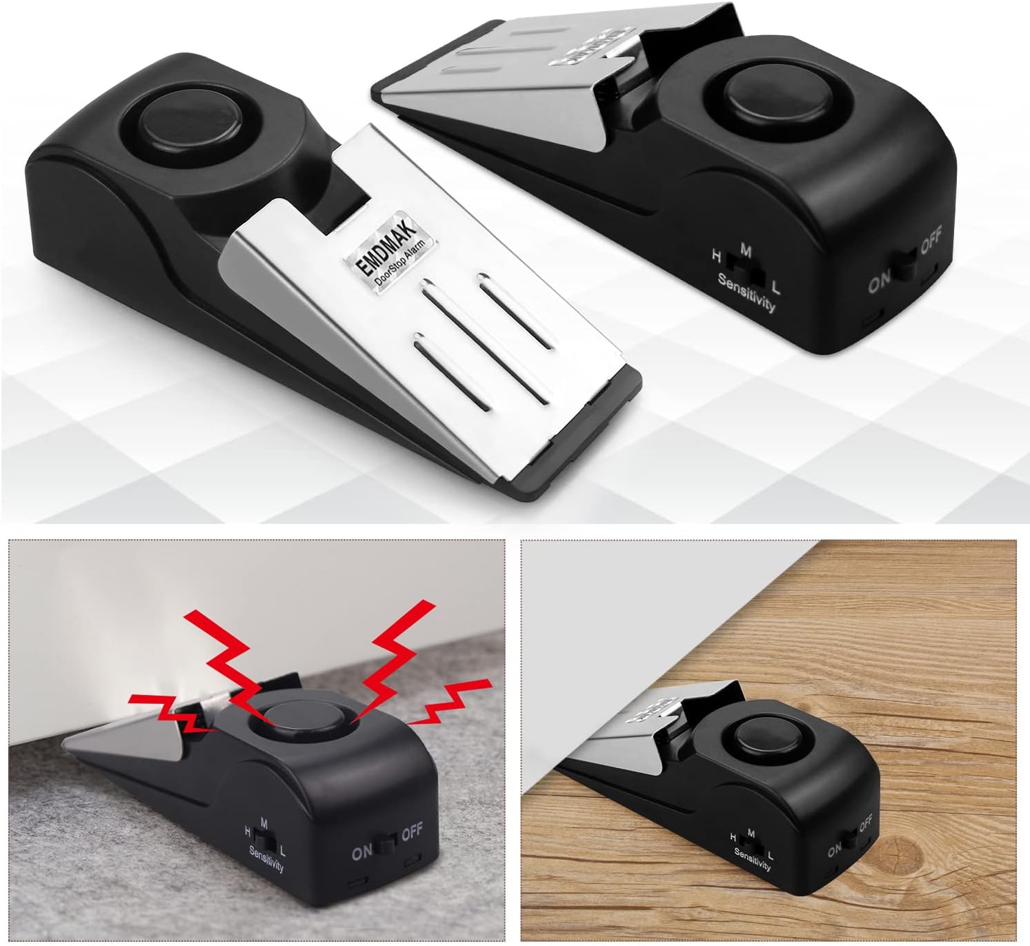 Door Stop Alarm with 120DB Siren Door Stop for Home & Travel (Black) (Pack of 2)
